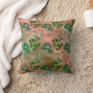 Green Tropical Leaves Iridescent Pink Terracotta Cushion