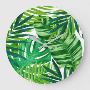 Green Tropical Leaves  Large Clock