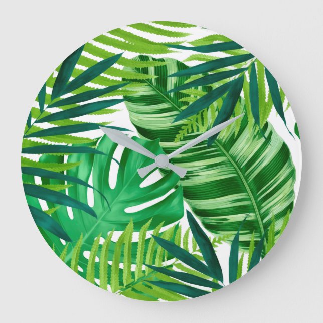 Green Tropical Leaves  Large Clock (Front)