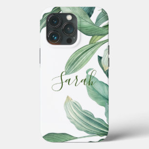 Green Tropical Leaves Monogram Name iPhone 13 Pro Case