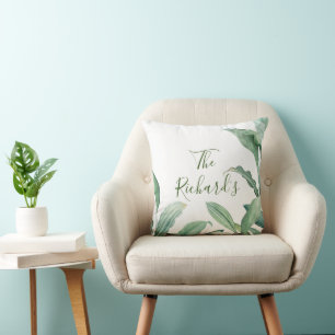 Green Tropical Leaves Monogram Name  Cushion