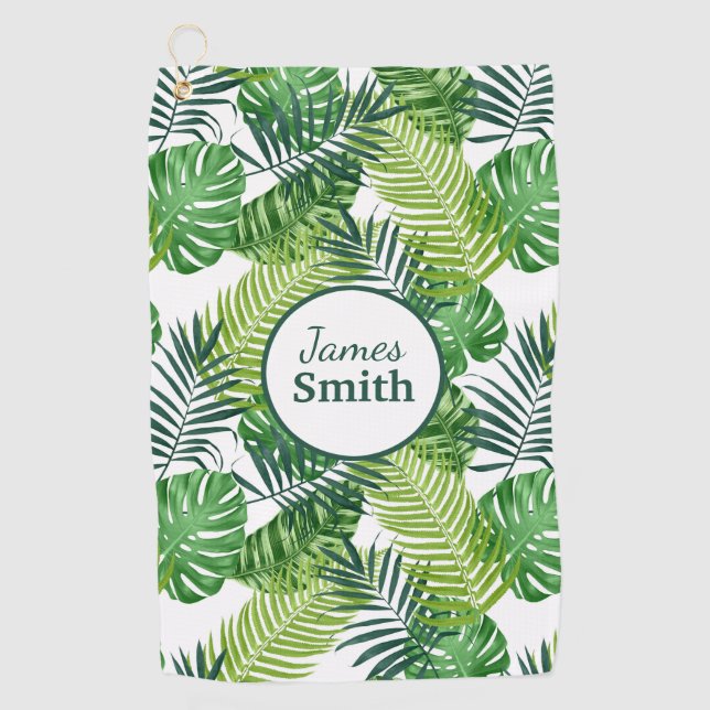 Green Tropical Leaves Monogram Name Golf Towel (Front)