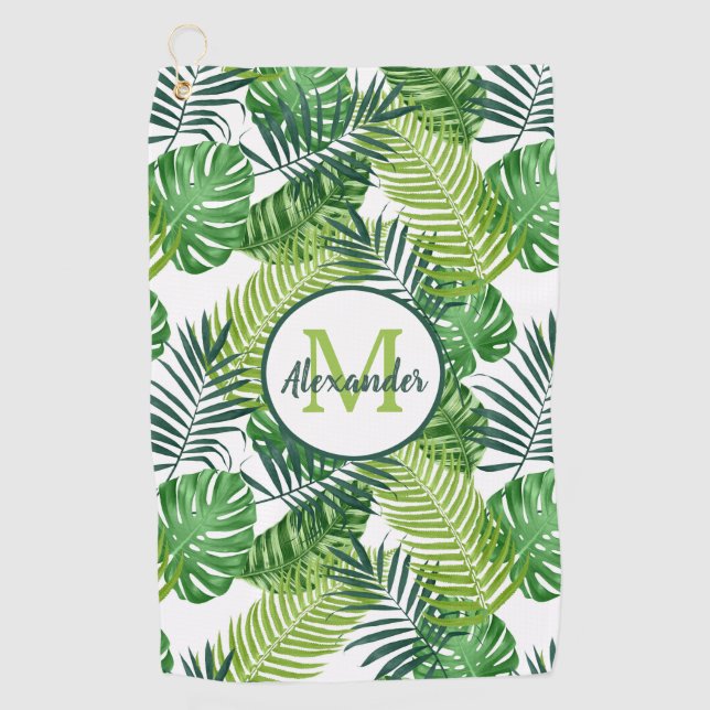 Green Tropical Leaves Monogram Name Golf Towel (Front)