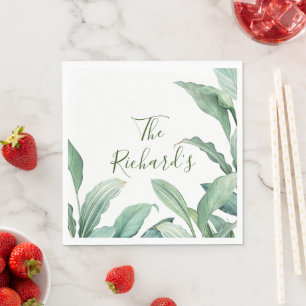 Green Tropical Leaves Monogram Name  Napkin