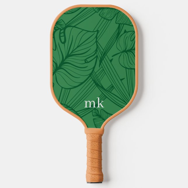 Green Tropical Leaves Monogram Pickleball Paddle (Front)
