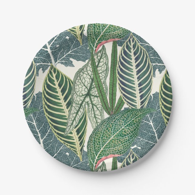 Green tropical leaves paper plate (Front)