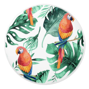 Green Tropical Leaves & Parrots Summer Island Ceramic Knob