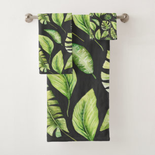 Green Tropical Leaves Pattern Black Botanical Bath Towel Set