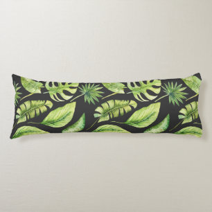 Green Tropical Leaves Pattern Black Botanical   Body Cushion