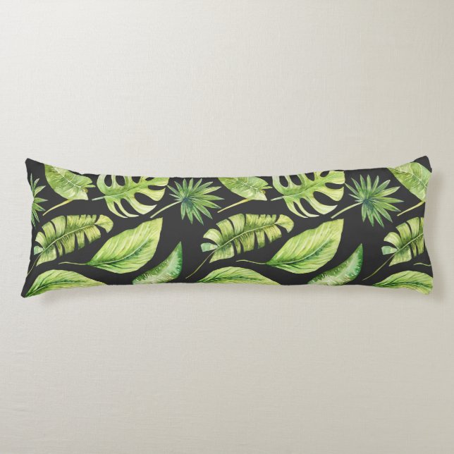 Green Tropical Leaves Pattern Black Botanical   Body Cushion (Front)