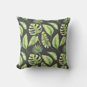 Green Tropical Leaves Pattern Black Botanical Cushion