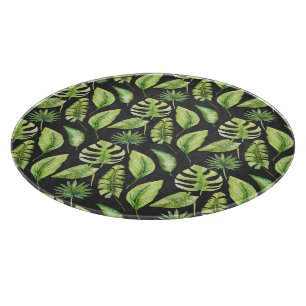 Green Tropical Leaves Pattern Black Botanical  Cutting Board