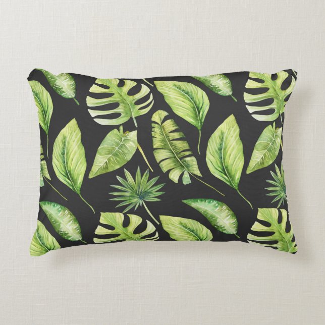 Green Tropical Leaves Pattern Black Botanical  Decorative Cushion (Front)