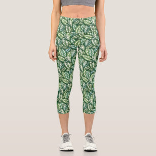 Green Tropical Leaves Pattern  Capri Leggings