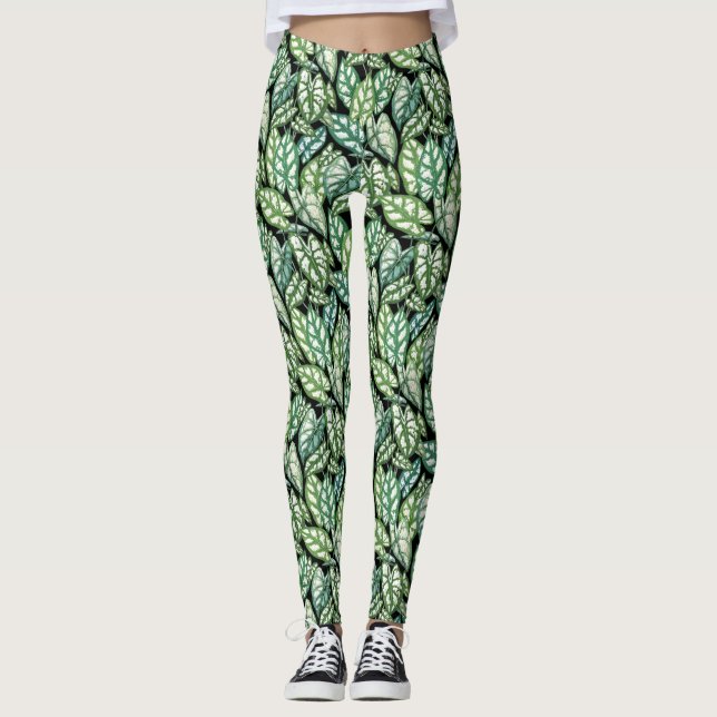 Green Tropical Leaves Pattern Leggings (Front)