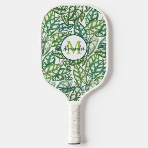 Green Tropical Leaves Pattern Monogram Name Pickleball Paddle