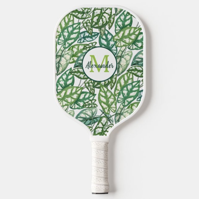 Green Tropical Leaves Pattern Monogram Name Pickleball Paddle (Front)