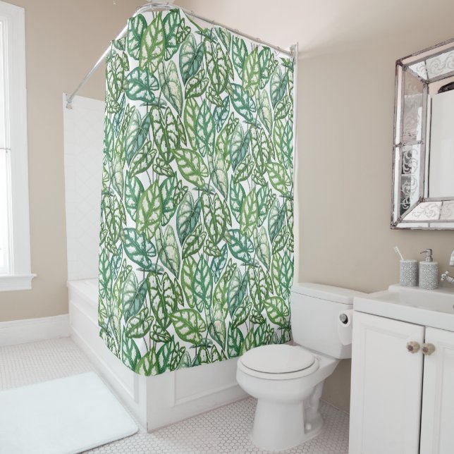 Green Tropical Leaves Pattern Shower Curtain (In Situ)