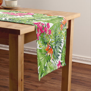 Green Tropical Leaves Pink Orange Flowers Lumbar Short Table Runner