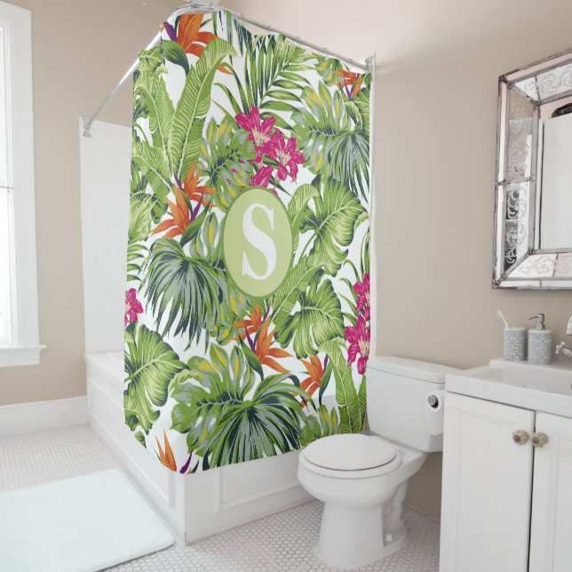 Green Tropical Leaves Pink Orange Flowers Monogram Shower Curtain (In Situ)