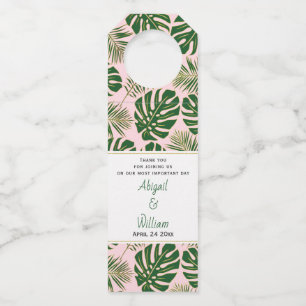 Green tropical leaves polka dots pink wedding bottle tag
