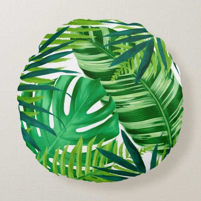 Green tropical leaves round cushion (Front)