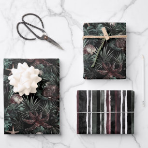 Green Tropical Leaves Starfish Shells Birthday Wrapping Paper Sheet