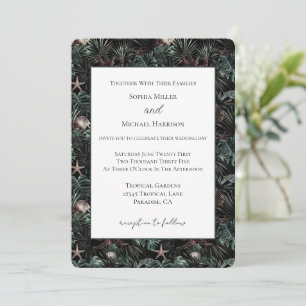 Green Tropical Leaves Starfish Shells Wedding Invitation
