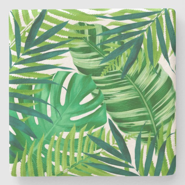 Green tropical leaves stone coaster (Front)