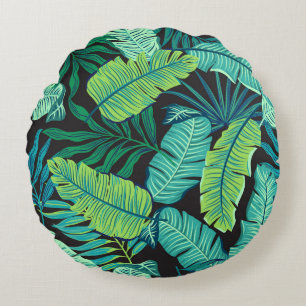 Green tropical leaves: vintage pattern. round cushion