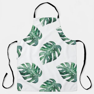 Green tropical leaves, watercolor pattern apron