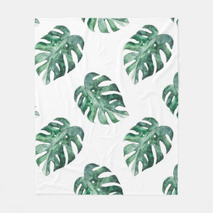Green tropical leaves, watercolor pattern fleece blanket