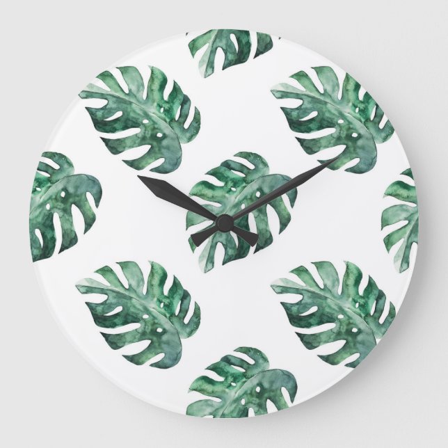 Green tropical leaves, watercolor pattern large clock (Front)