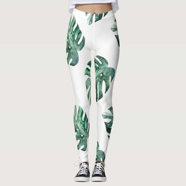 Green tropical leaves, watercolor pattern leggings (Front)