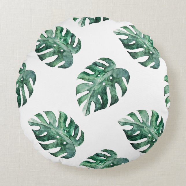 Green tropical leaves, watercolor pattern round cushion (Front)
