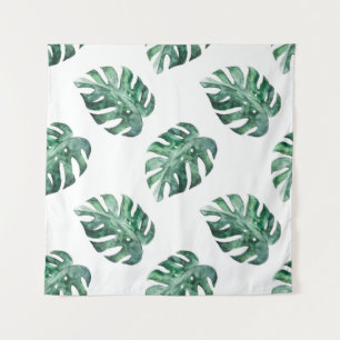 Green tropical leaves, watercolor pattern tapestry