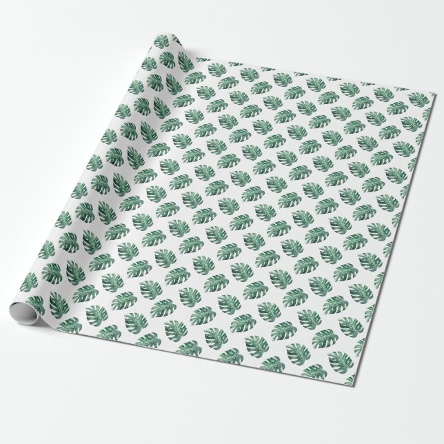 Green tropical leaves, watercolor pattern wrapping paper (Unrolled)