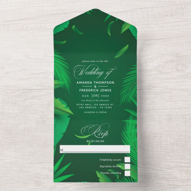 Green Tropical Leaves Wedding All In One Invitatio All In One Invitation (Inside)