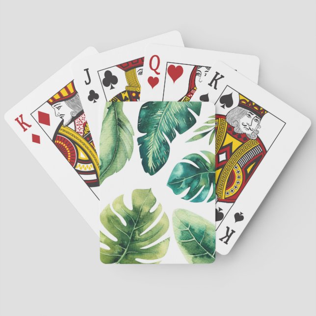 Green Tropical Leaves White Elegant Modern Chic Playing Cards (Back)