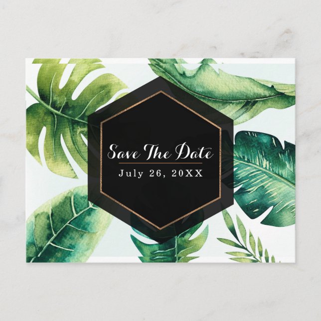 Green Tropical Leaves White Elegant Save The Date Announcement Postcard (Front)