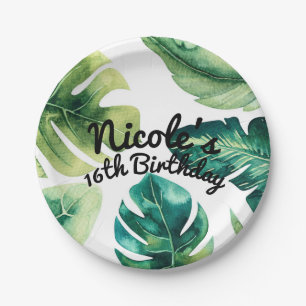 Green Tropical Leaves White Elegant Summer Party Paper Plate
