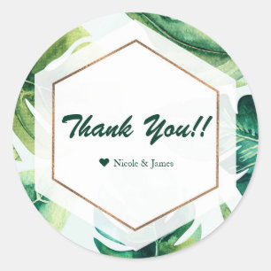 Green Tropical Leaves White Elegant Wedding Favour Classic Round Sticker