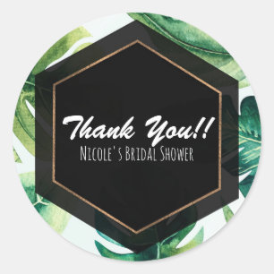 Green Tropical Leaves White Elegant Wedding Favour Classic Round Sticker