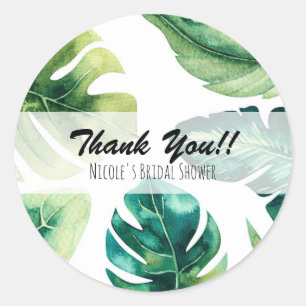 Green Tropical Leaves White Elegant Wedding Favour Classic Round Sticker