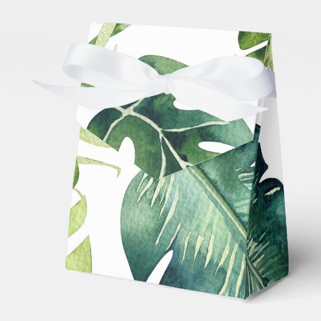 Green Tropical Leaves White Elegant Wedding Favour Favour Box (Front Side)