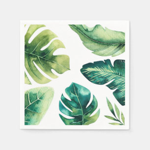 Green Tropical Leaves White Elegant Wedding Party Napkin