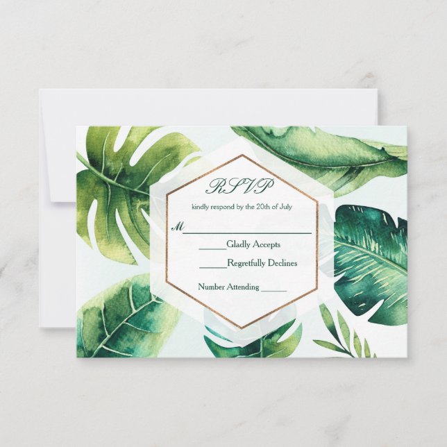 Green tropical Leaves White Elegant Wedding RSVP (Front)
