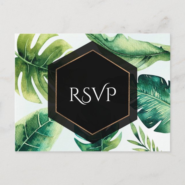 Green Tropical Leaves White Elegant Wedding RSVP Invitation Postcard (Front)