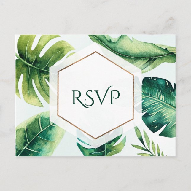 Green Tropical Leaves White Elegant Wedding RSVP Invitation Postcard (Front)