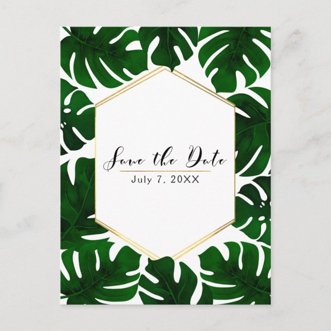 Green Tropical Leaves White & Gold Save the Date Announcement Postcard (Front)